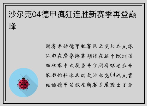 沙尔克04德甲疯狂连胜新赛季再登巅峰