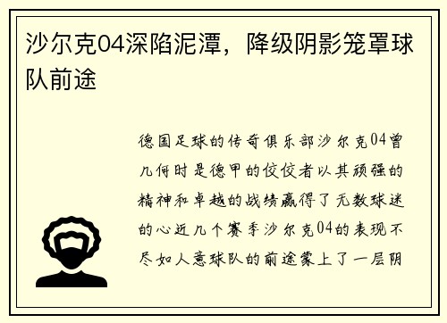 沙尔克04深陷泥潭，降级阴影笼罩球队前途